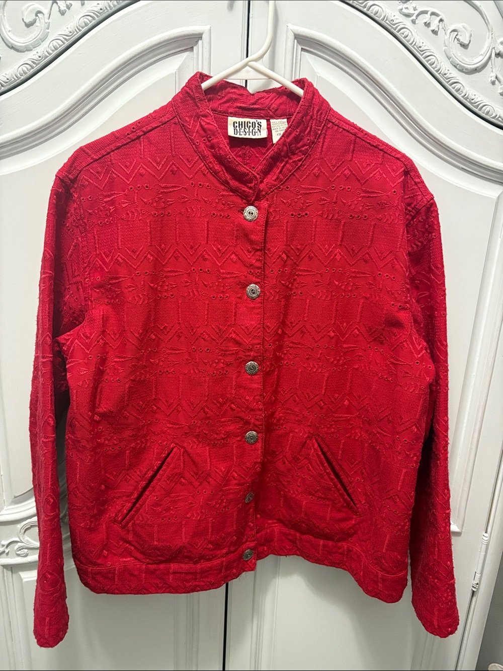 Chico's Red Textured Button-Front Bomber Jacket- size 3